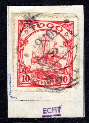 Togo 22, 10 Pf. m. WZ auf kl. Briefstück m. Stempel NUATJÄ. Geprüft.