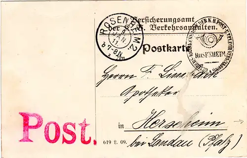 Bayern 1911, portofreie Karte der Post Rosenheim n. Herxheim i.d. Pfalz