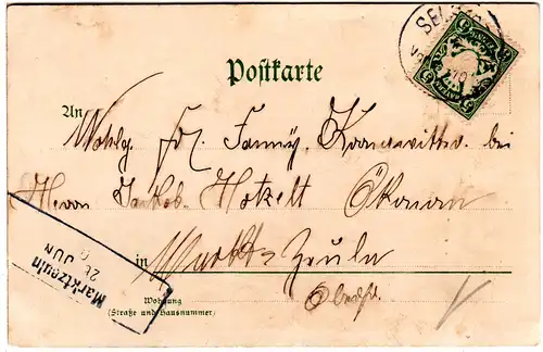 Bayern 1900, Aushilfs-R3 MARKTZEULN auf Karte v. Selb m. 5 Pf. 