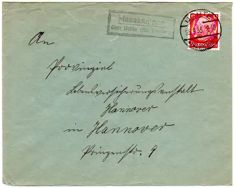 DR 1933, Landpost Stpl. HAUSKÄMPEN über Uchte (Bz. Bremen) auf Brief m. 12 Pf.