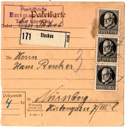 Bayern 1920, Posthilfstelle EMTMANNSBERG Taxe Stockau auf Paketkarte m MeF 25 Pf