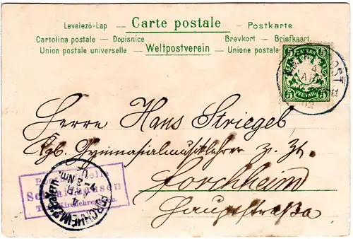 Bayern 1902, Posthilfstelle SCHLAIFHAUSEN Taxe Kirchehrenbach auf Karte m. 5 Pf.