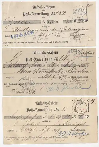 Bayern 1872/79, Volkach, blau HKS u. versch. Stpl. auf 3 Postscheinen. #1245