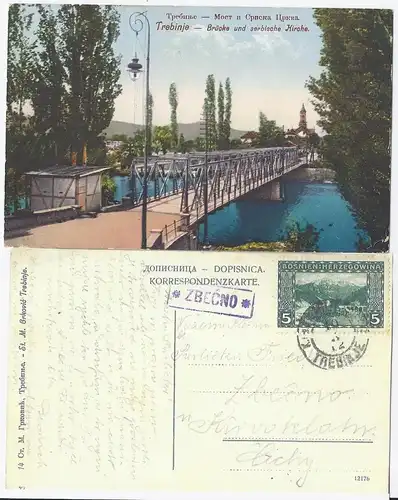 Bosnien Herzegowina 1912, ZBECNO, blauer R1 klar auf AK v. Trebinje. #2173