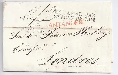 Spanien GB 1829, L1 Santander in rot auf Brief nach London. #136
