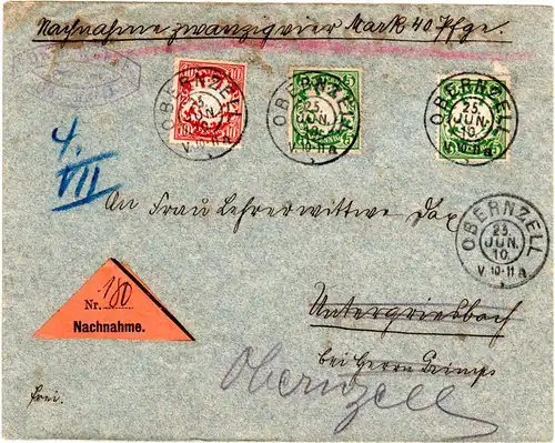 Bayern 1910, 2x5+10 Pf. auf Nachnahme Brief m. schönen OBERNZELL Stempeln