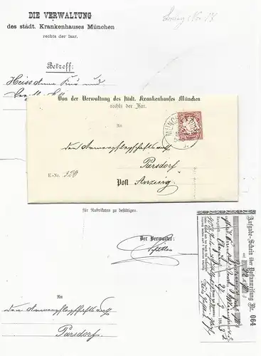 Bayern 1883, Brief m. 10 Pf. v. München VIII2 m. innen angeh. Postschein Anzing