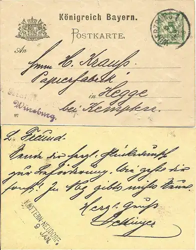 Bayern 1898, Kottern Neudorf, L2 Aushilfstpl. rücks. auf Ganzsache v. Würzburg.