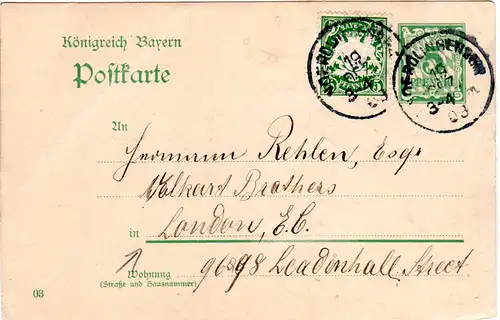 Bayern 1908, 5 Pf. Zusatzfr. auf 5 Pf. Ganzsache v. K1 NOERDLINGEN 2 Bhf n. GB