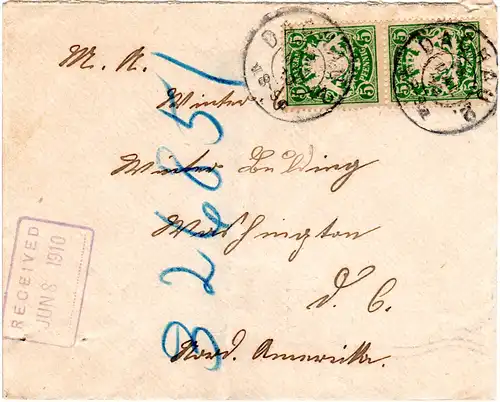 Bayern 1910, 2x5 Pf. auf Brief v. Dachau n. USA. Sogenannter "Schnellster Weg".