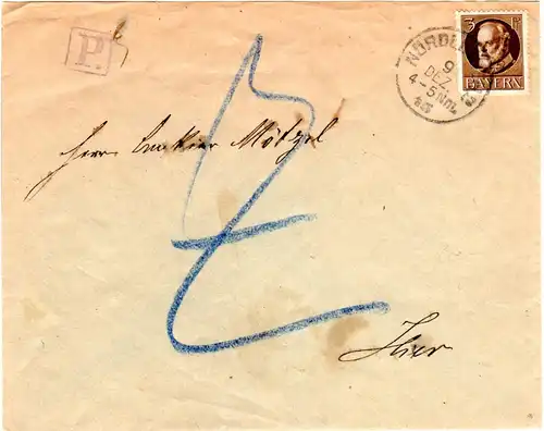 Bayern 1916, 3 Pf. auf Orts-Brief v. Nördlingen m. "P"-Stpl. u. 7 Pf. Porto