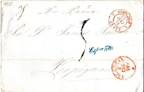 Spanien 1855, blauer L1 Espana auf Porto Brief m. v. Valencia n. Frankreich