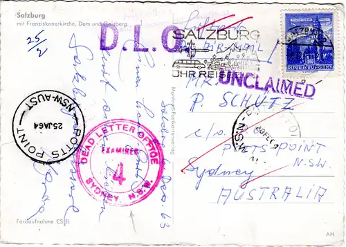 Österreich 1963, Unclaimed, DLO u. Dead Letter Office Sydney, Karte v. Salzburg