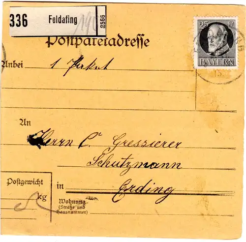 Bayern 1915, EF 25 Pf. Friedensdruck auf Feldpost Paketkarte v. POSTAU. Geprüft