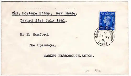 GB 1941, 2 1/2d auf FDC m. Ersttagsstempel v. Market Harborough