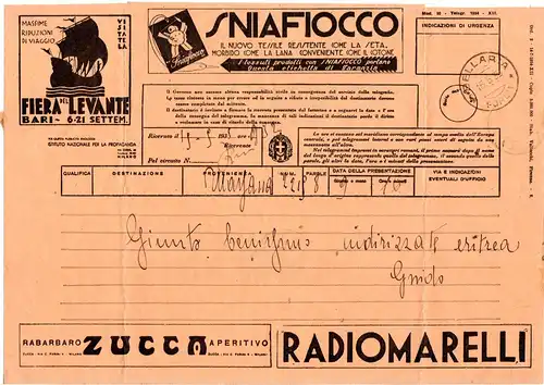 Italien 1935, Telegramm v. Bellaria m. viel Werbung, u.a. Benzin, Radio, Bank...