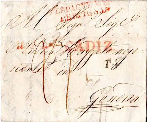 Spanien 1833, Brief v. Cadiz via Frankreich ins Königreich Sardinien, Italien. 