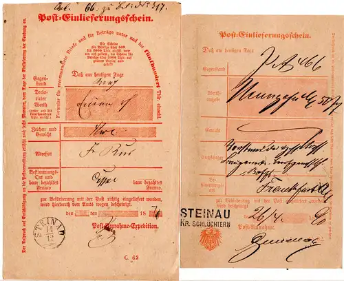 DR 1874/90 2 versch. Post-Einlieferungsscheine m. Fingerhut- bzw. L2 Steinau 