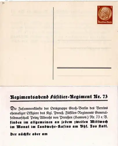 DR, ungebr. 3 Pf. Drucksache Privatganzsache Füsilier-Regiment Nr. 73