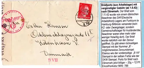 DR 1942. 12 Pf. auf Zensur Brief v. DAF Arbeitslager Hamburg n. Dänemark