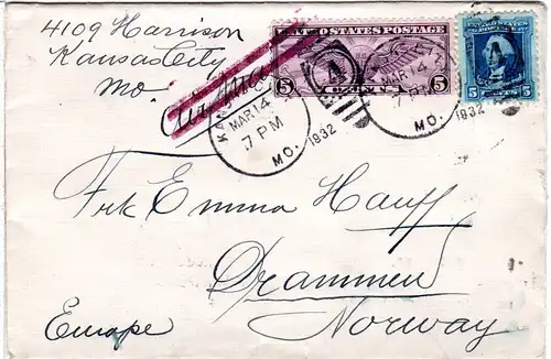 USA 1932, 5+5 C. on cover to Norway with 2-line Air Mail annulation cancel