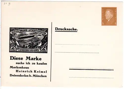 DR, ungebr. 3 Pf. Privatganzsache H. Keimel Deisenhofen b. München m. Abb. Marke