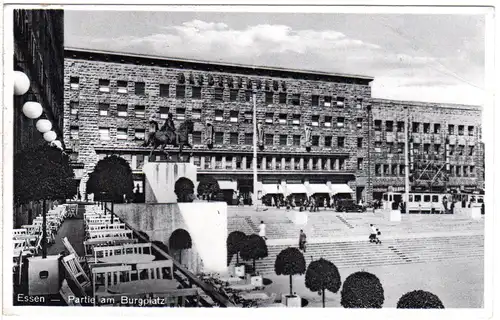 Essen, Partie am Burgplatz mit Trambahn, 1932 gebr. 6 Pf. Privatganzsachenkarte