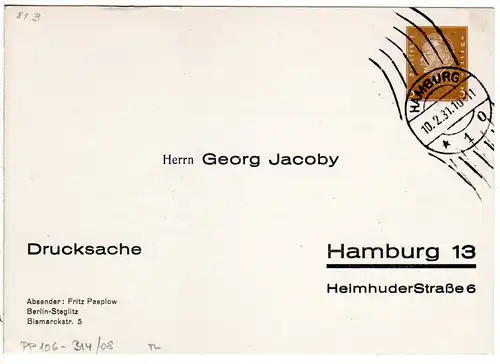 DR 1931, gebr. 3 Pf. Drucksache Privatganzsache G. Jacoby Hamburg 