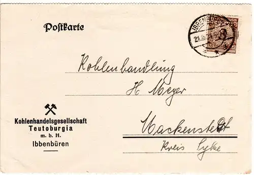 DR 1924, 3 Pf. m. perfin auf Firmenkarte v. Ibbenbüren