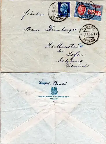 Italien 1931, 1,25+2,50 L. Expres auf Eilbrief m. Bahnpost MERANO BOLZANO