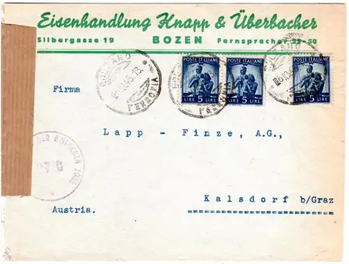 Italien 1946, 3x5 L. auf Zensur Firmen-Brief v. Bolzano n. Österreich.