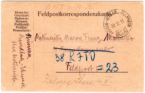 Österreich 1915, Bahnpost-K1 Ausseee-Attnang-Puchheim auf Feldpostkarte 