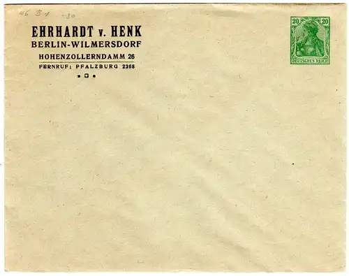 DR, ungebr. 20 Pf. Germania Privatganzsache Brief E. v. Henk, Berlin-Wilmersdorf