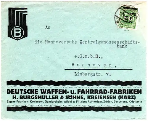 DR 1923, 75 T./1000 Mk. m. perfin auf Firmenbrief v. Kreiensen