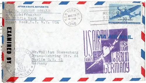 USA Deutschland 1946, 30 C. auf Erstflug Brief New York Berlin m. Zensur.
