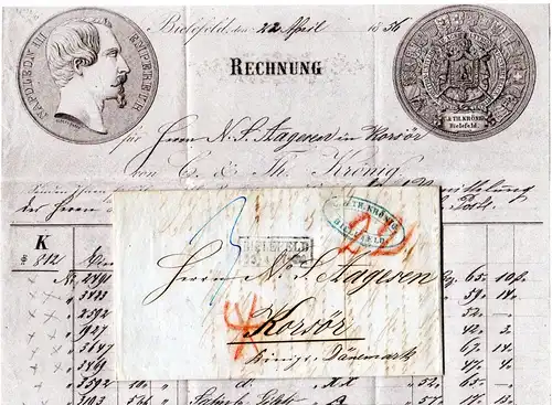 Preussen 1856, R2 Bielefeld auf Porto Brief via KDOPA Hamburg n. Dänemark