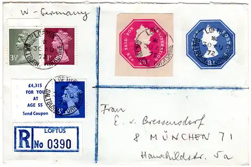 GB 1972, 15d Ga-Ausschnitt+3 Marken auf Reko-Ga-Umschlag v Loftus n. Deutschland