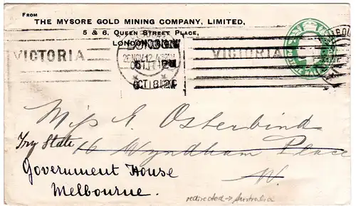 GB 1912, 1/2d Gold Mining Ganzsache Brief v. London, Nachsendung n. Australien