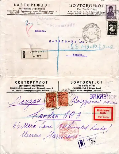 Soviet Union 1932/33, 2 regd. letters from Leningrad to GB, 1 by Air Mail