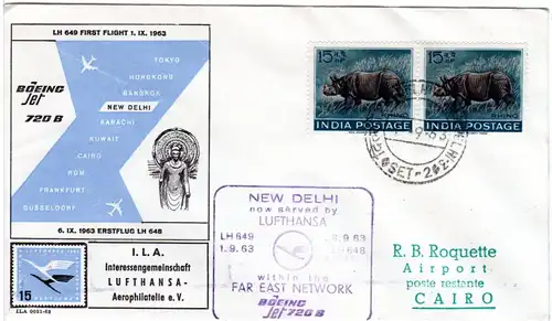 Indien 1963, Paar 15 nP. Nashorn auf Lufthansa Erstflug Brief New Delhi-Cairo