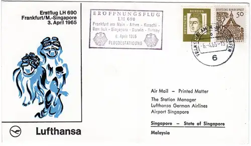 BRD 1965, 50+5 Pf. auf Lufthansa Erstflug Brief Etappe Frankfurt-Singapore