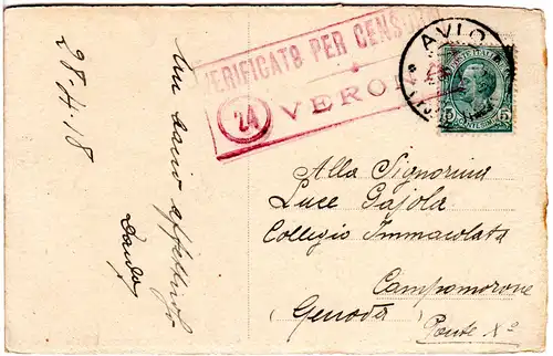 Italien 1918, 5 C. auf Karte v. Avio m. Verona Zensur