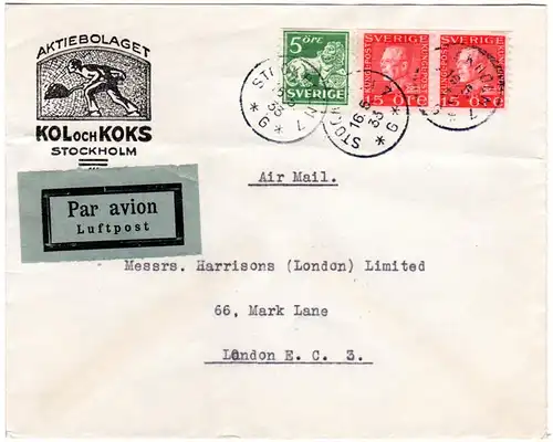 Schweden 1933, 5+2x15 öre auf Luftpost Kohle Firmen Brief v. Stockholm n. GB