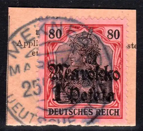 DP Marokko 54, 1 P./80 Pf. auf Briefstück m. Stpl. MEKNES. Geprüft.