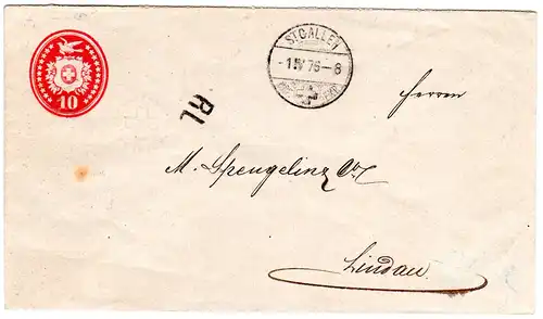 Schweiz 1875, 10 C. vor-UPU Rayon Limitrophe Brief v. St. Gallen n. Lindau