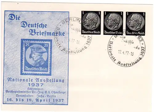 DR, 1+1+1 Pf Privatganzsachenkarte Berlin Ausstellung 1937 m. entsp. Sonderstpl.