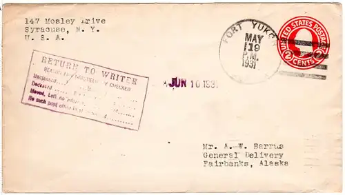 USA 1931, 2 C. Ganzsache Brief v. Fort Yukon m. Alaska Retour-Stempel