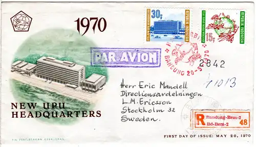 Indonesien 1970, 15+2x30 R. (1x rücks.) UPU auf Reko-FDC n. Schweden