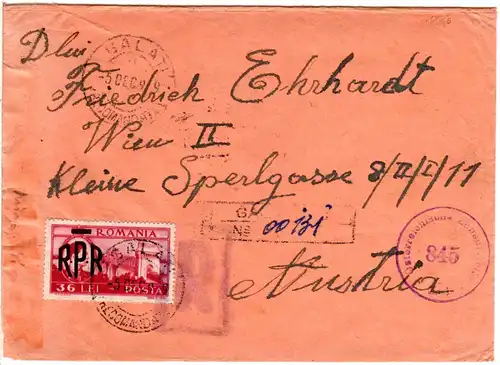 Rumänien 1949, EF 36 L. m. Überdruck RPR auf Einschreiben Zensur Brief v. Galati