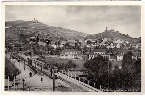 Weinheim a.d. Bergstrasse, Gesamtansicht m. Trambahn, 1934 gebr. sw-AK